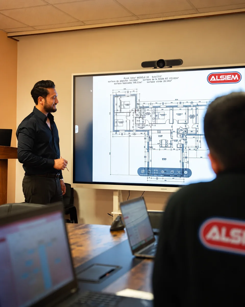 Échange au bureau autour des plans d’un projet de construction