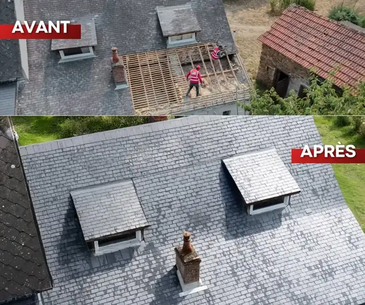Avant et après la rénovation d’une toiture en ardoises à Vierzon.