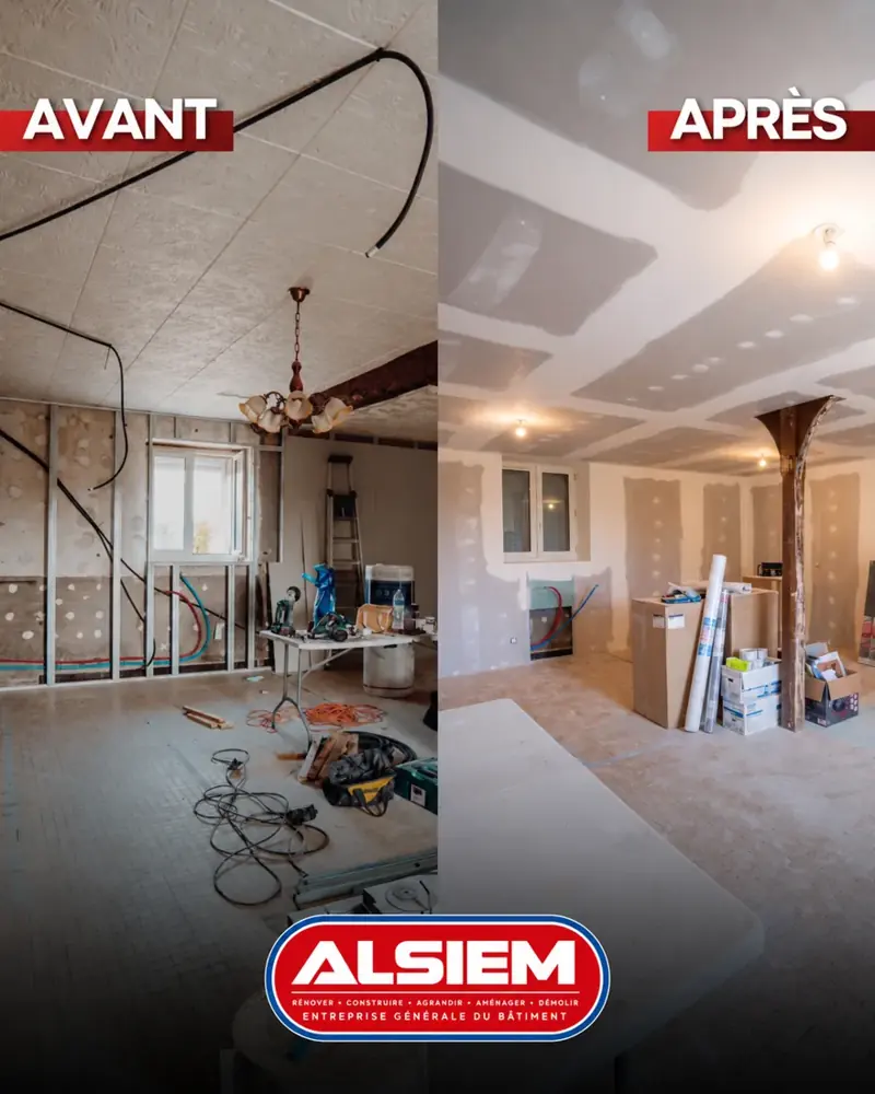 Avant et après la rénovation intérieure d’une maison à Jailly.