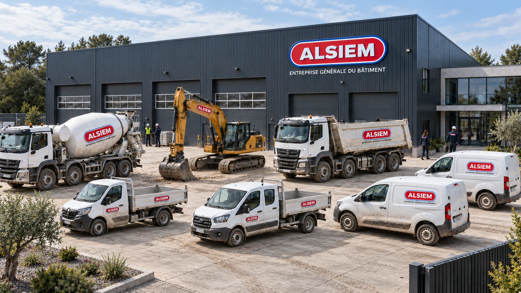 Entrepôt, camions de chantier, toupie béton et pelle mécanique