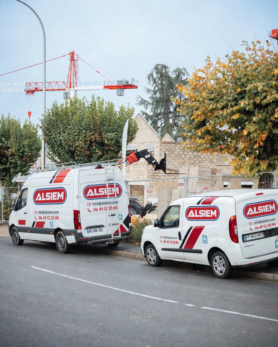 Véhicules des équipes devant un chantier de construction en maçonnerie